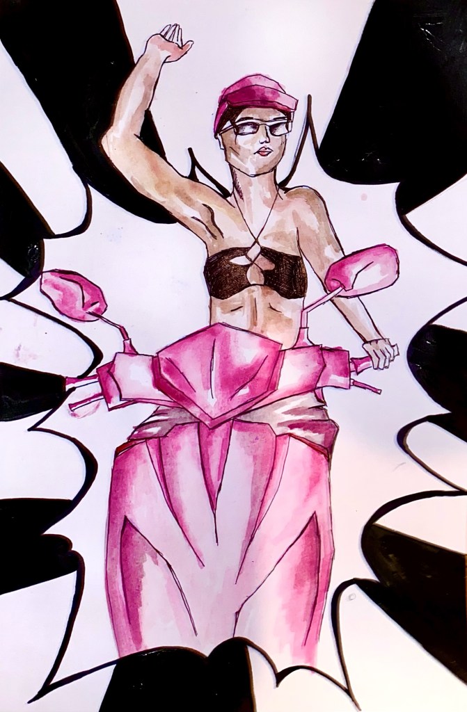 A woman riding a pink motorbike wearing a bikini