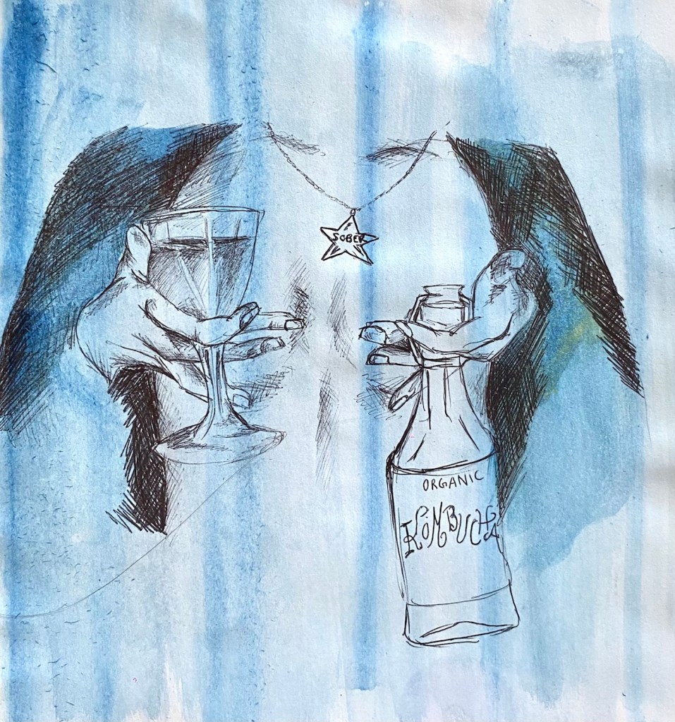 A woman holding a wine glass in one hand and a bottle of kombucha in the other, covering her exposed chest